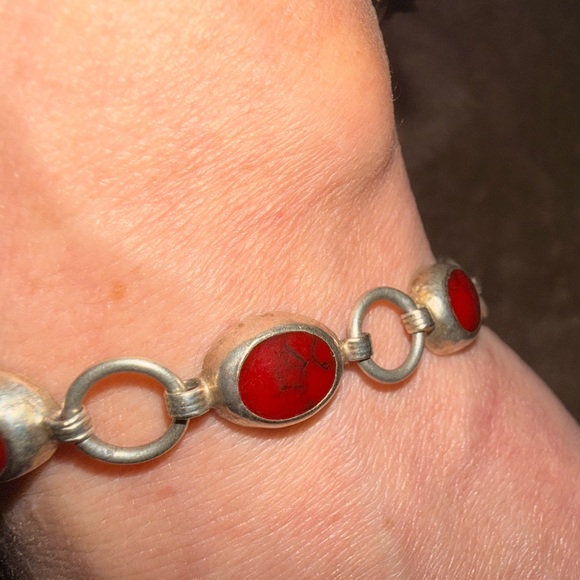 Vintage Taxco Mexican sterling silver red Jasper or coral bracelet - Picture 8 of 16